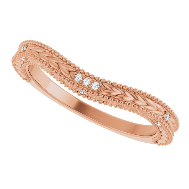 14K Gold Round Natural Diamond Beaded Wheat Pattern Contour Band - Rose Gold - view 5