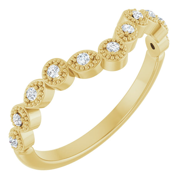 14K Gold Round Natural Diamond Vintage-Inspired Contour Band – 1.3mm Stones - Yellow Gold