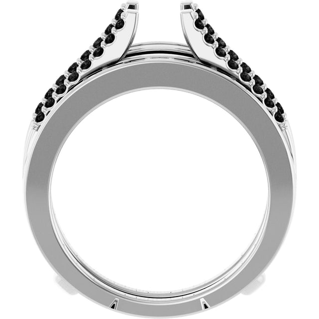 14K Gold Round Natural Black Diamond Double Row Cathedral-Style Ring Guard - White Gold - view 2