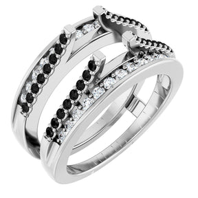 14K Gold Round Natural Black Diamond Double Row Cathedral-Style Ring Guard - White Gold