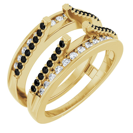 14K Gold Round Natural Black Diamond Double Row Cathedral-Style Ring Guard - Yellow Gold