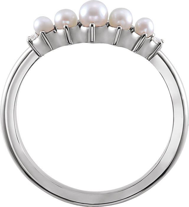 14K Gold Pearl Natural Diamond Contour Band - White Gold - view 2