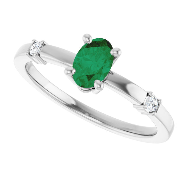 14K Gold Oval Lab-Grown Emerald & Natural Diamond Accented Ring – 6x4mm - White Gold - view 10