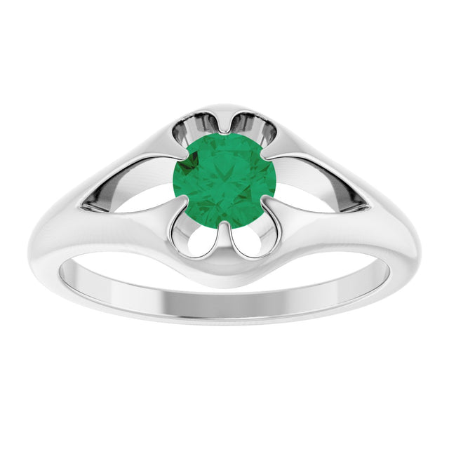 Platinum Round Natural Emerald Solitaire Belcher Ring - view 8