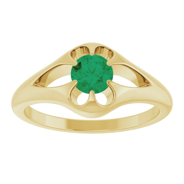 14K Gold Round Natural Emerald Solitaire Belcher Ring - Yellow Gold - view 8