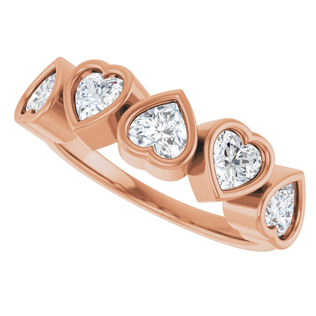 14K Gold Natural White Sapphire Five-Stone Heart Ring - Rose Gold - view 20