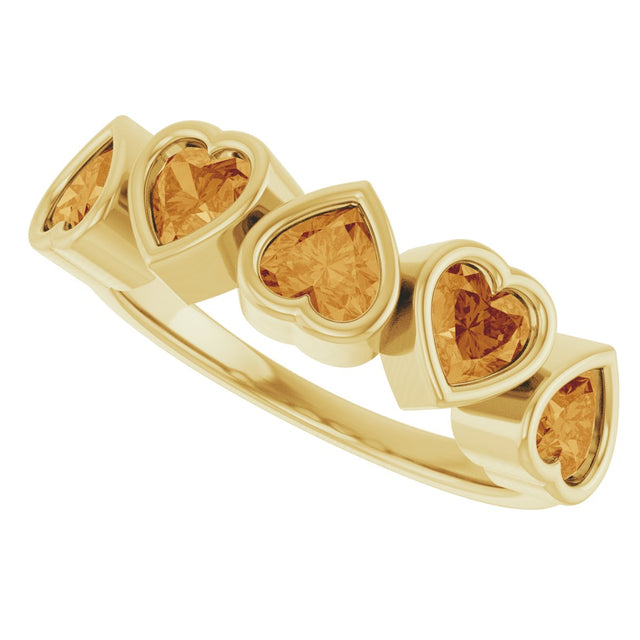 14K Gold Natural Citrine Five-Stone Heart Ring - Yellow Gold - view 20