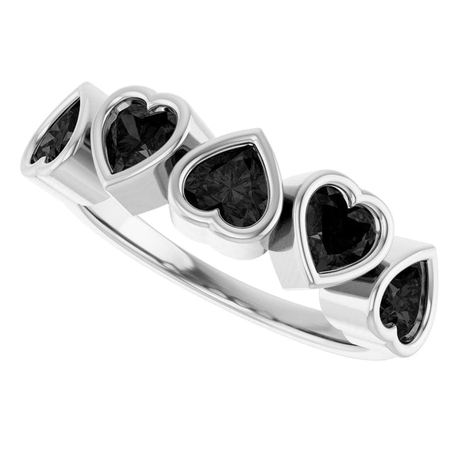 14K Gold Natural Black Onyx Five-Stone Heart Ring - White Gold - view 20