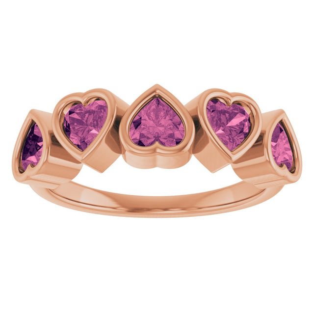 14K Gold Natural Pink Tourmaline Five-Stone Heart Ring - Rose Gold - view 18