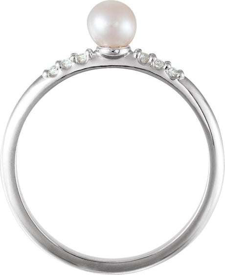 Platinum Cultured White Freshwater Pearl & Natural Diamond Accented Stackable Pearl Ring - view 2