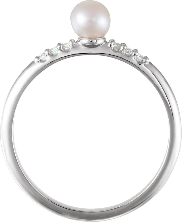 14K Gold Cultured White Freshwater Pearl & Natural Diamond Accented Stackable Pearl Ring – 4mm Stones - White Gold - view 2