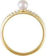 14K Gold Cultured White Freshwater Pearl & Natural Diamond Accented Stackable Pearl Ring – 4mm Stones - Yellow Gold - view 2