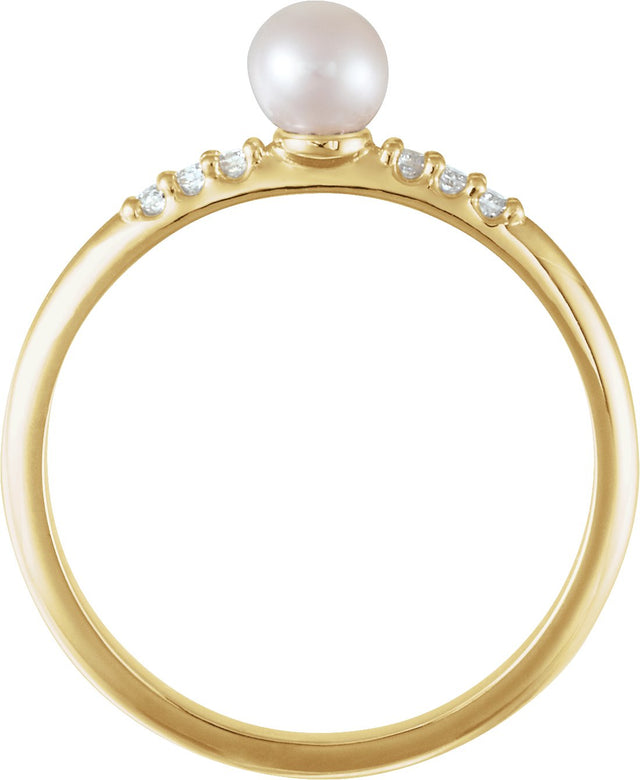 14K Gold Cultured White Freshwater Pearl & Natural Diamond Accented Stackable Pearl Ring – 4mm Stones - Yellow Gold - view 2