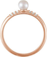 14K Gold Cultured White Freshwater Pearl & Natural Diamond Accented Stackable Pearl Ring – 4mm Stones - Rose Gold - view 2