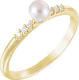 14K Gold Cultured White Freshwater Pearl & Natural Diamond Accented Stackable Pearl Ring – 4mm Stones - Yellow Gold