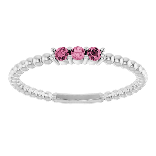 14K Gold Round Natural Pink Tourmaline Beaded Ring - White Gold - view 13