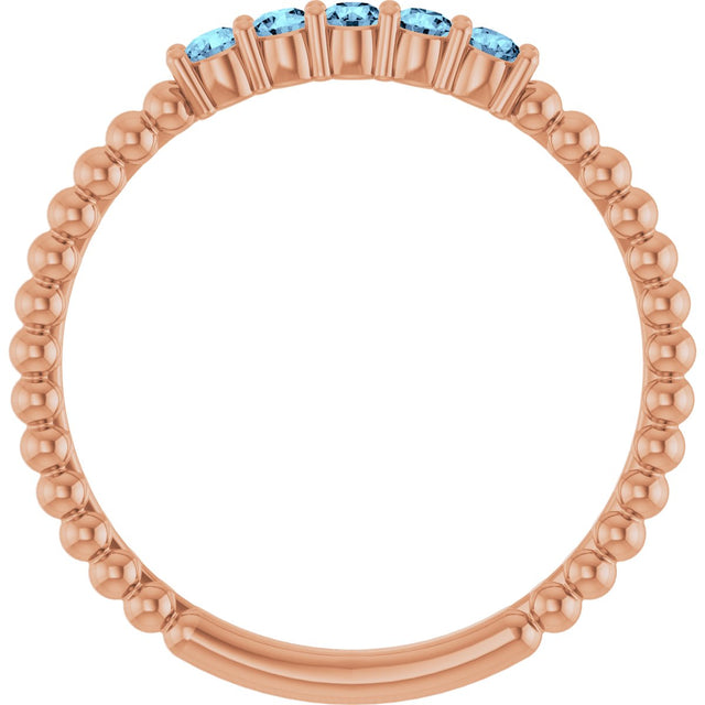 14K Gold Round Natural Aquamarine Stackable Ring – 2mm Stones - Rose Gold - view 17