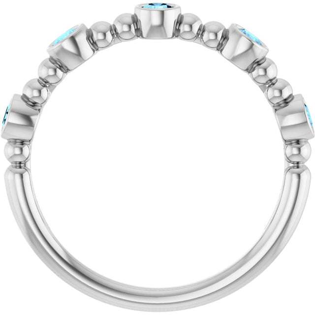 14K Gold Round Natural Aquamarine Stackable Bead Ring – 2.5mm Stones - White Gold - view 12