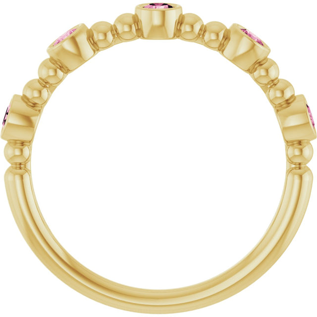 14K Gold Round Natural Pink Tourmaline Stackable Bead Ring – 2.5mm Stones - Yellow Gold - view 12