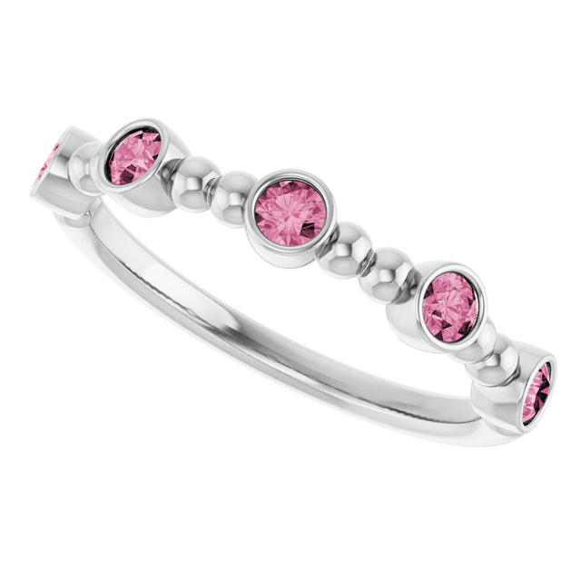 14K Gold Round Natural Pink Tourmaline Stackable Bead Ring – 2.5mm Stones - White Gold - view 15