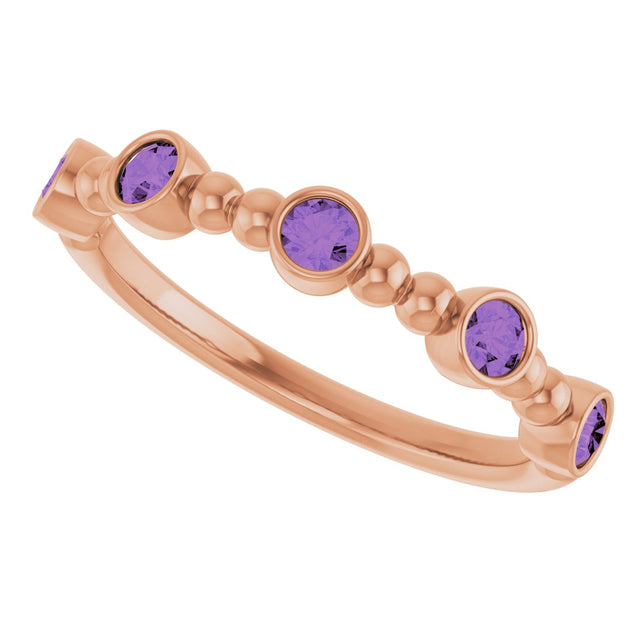 14K Gold Round Natural Amethyst Stackable Bead Ring – 2.5mm Stones - Rose Gold - view 15