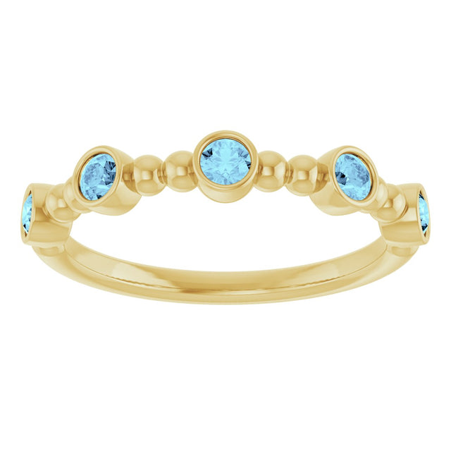 14K Gold Round Natural Aquamarine Stackable Bead Ring – 2.5mm Stones - Yellow Gold - view 13