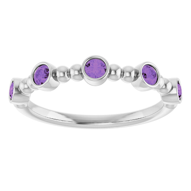 14K Gold Round Natural Amethyst Stackable Bead Ring – 2.5mm Stones - White Gold - view 13