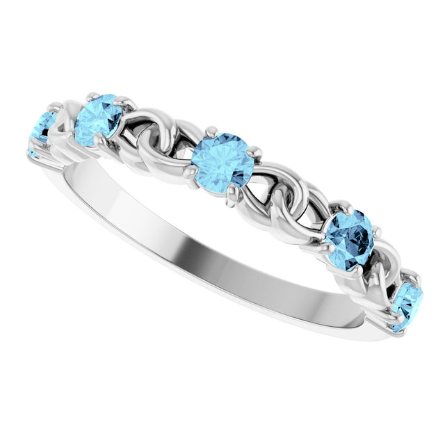 Platinum Round Natural Aquamarine Accented Stackable Ring – 3mm Stones - view 10