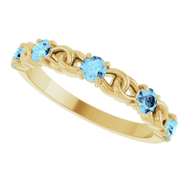 14K Gold Round Natural Aquamarine Accented Stackable Ring – 3mm Stones - Yellow Gold - view 10