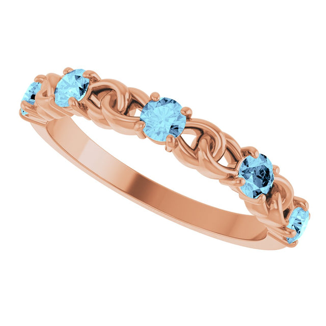14K Gold Round Natural Aquamarine Accented Stackable Ring – 3mm Stones - Rose Gold - view 10