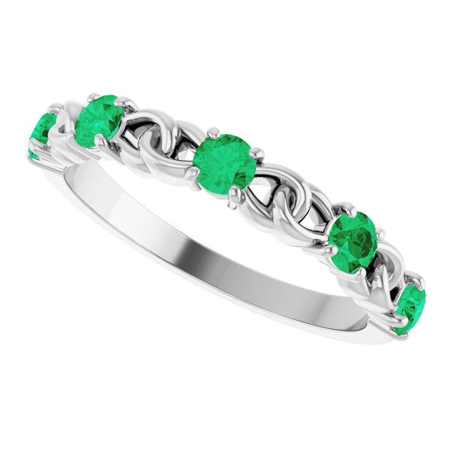 14K Gold Round Natural Emerald Accented Stackable Ring – 3mm Stones - White Gold - view 10