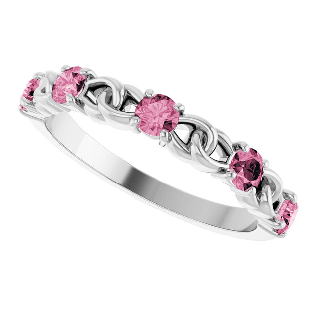 Platinum Round Natural Pink Tourmaline Accented Stackable Ring – 3mm Stones - view 10