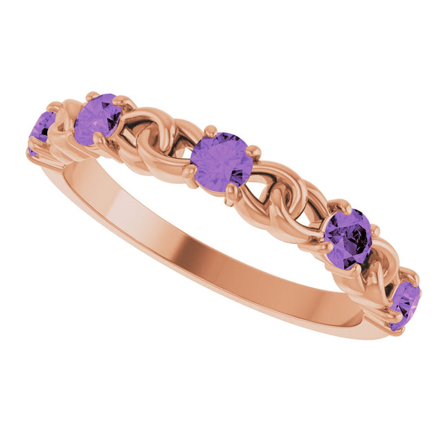 14K Gold Round Natural Amethyst Accented Stackable Ring – 3mm Stones - Rose Gold - view 10