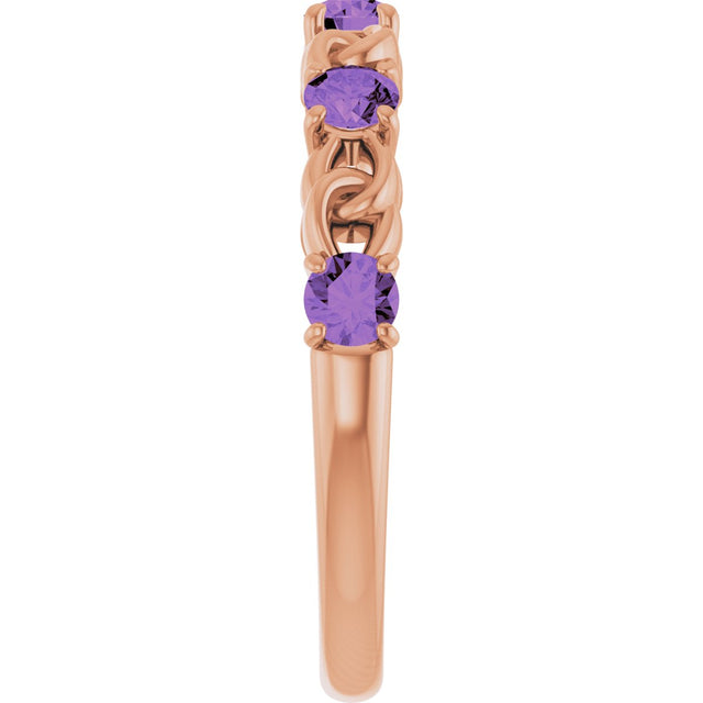 14K Gold Round Natural Amethyst Accented Stackable Ring – 3mm Stones - Rose Gold - view 9
