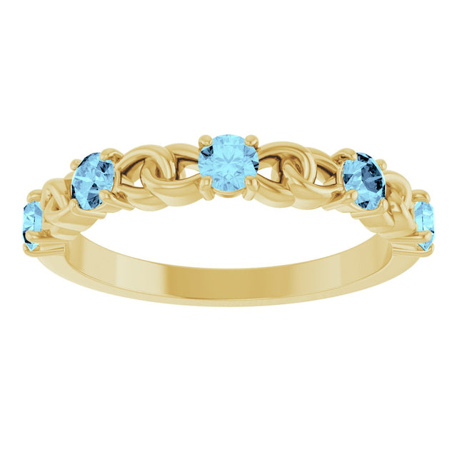 14K Gold Round Natural Aquamarine Accented Stackable Ring – 3mm Stones - Yellow Gold - view 8