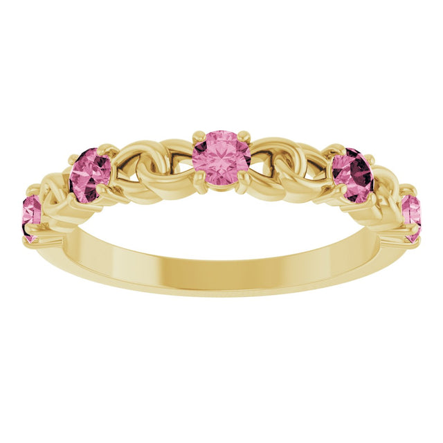 14K Gold Round Natural Pink Tourmaline Accented Stackable Ring – 3mm Stones - Yellow Gold - view 8