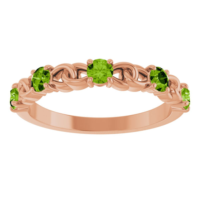 14K Gold Round Natural Peridot Accented Stackable Ring – 3mm Stones - Rose Gold - view 8