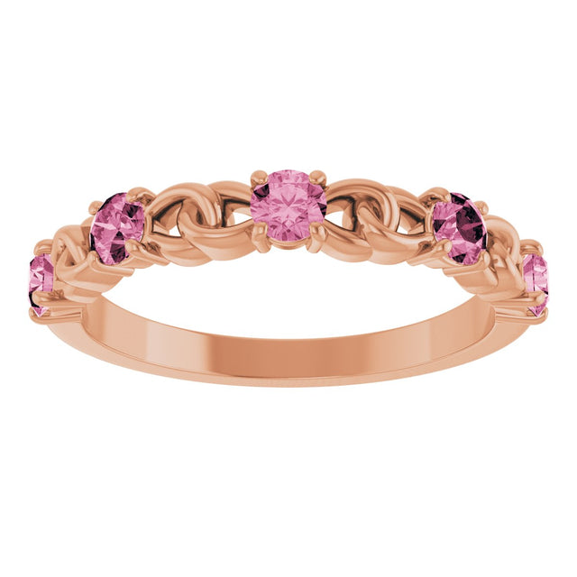 14K Gold Round Natural Pink Tourmaline Accented Stackable Ring – 3mm Stones - Rose Gold - view 8