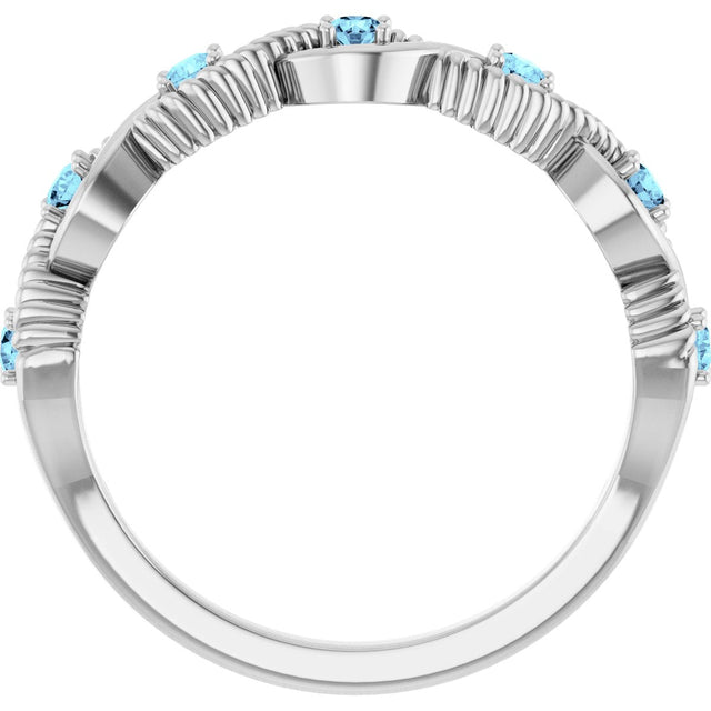 Platinum Round Natural Aquamarine Accented Stackable Ring – 2mm Stones - view 12