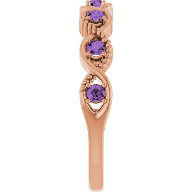 14K Gold Round Natural Amethyst Accented Stackable Ring – 2mm Stones - Rose Gold - view 14