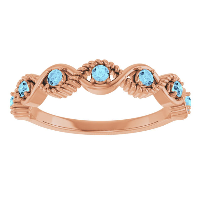 14K Gold Round Natural Aquamarine Accented Stackable Ring – 2mm Stones - Rose Gold - view 13