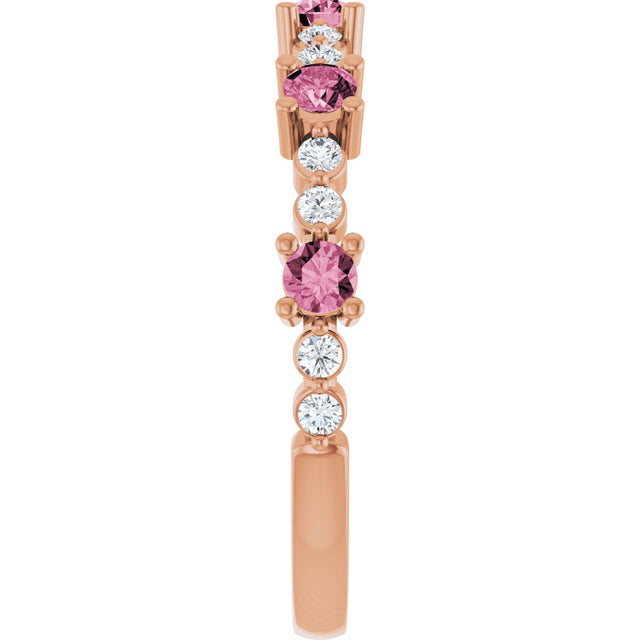 14K Gold Round Natural Pink Tourmaline Accented Stackable Ring – 2.5mm Stones - Rose Gold - view 14