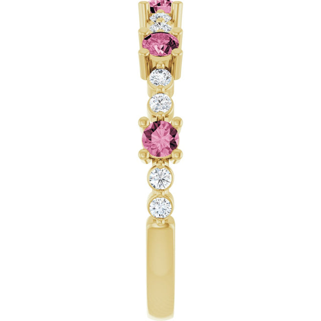 14K Gold Round Natural Pink Tourmaline Accented Stackable Ring – 2.5mm Stones - Yellow Gold - view 14