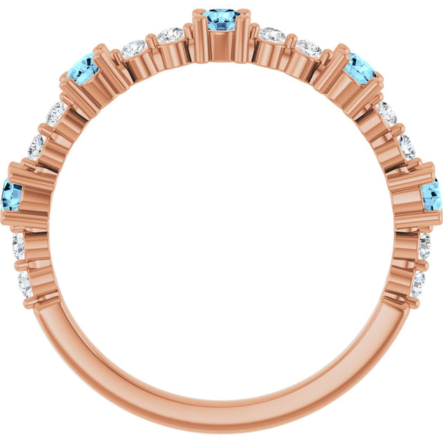14K Gold Round Natural Aquamarine Accented Stackable Ring – 2.5mm Stones - Rose Gold - view 12