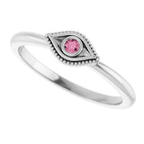 14K Gold Round Natural Pink Tourmaline Stackable Evil Eye Ring - White Gold - view 10