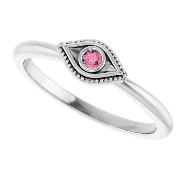 14K Gold Round Natural Pink Tourmaline Stackable Evil Eye Ring - White Gold - view 10