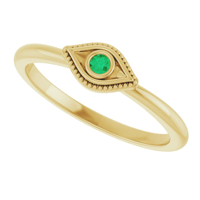 14K Gold Round Lab-Grown Emerald Stackable Evil Eye Ring - Yellow Gold - view 10