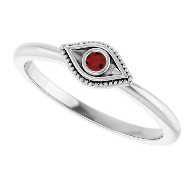 Platinum Round Natural Mozambique Garnet Stackable Evil Eye Ring - view 10