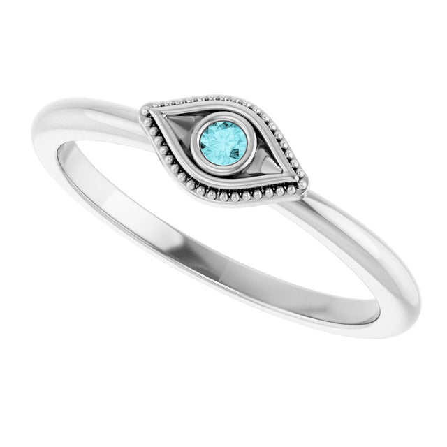 Platinum Round Natural Blue Zircon Stackable Evil Eye Ring - view 10