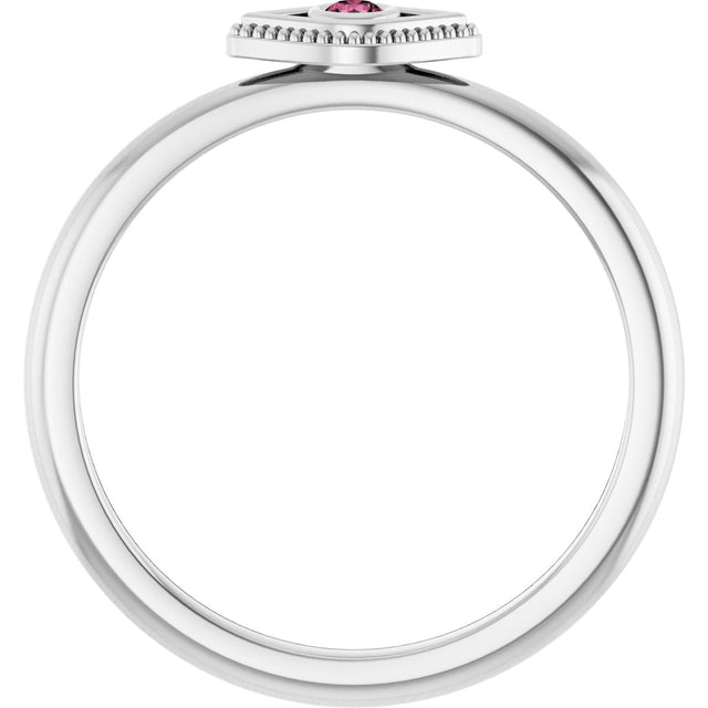 Platinum Round Natural Pink Tourmaline Stackable Evil Eye Ring - view 7
